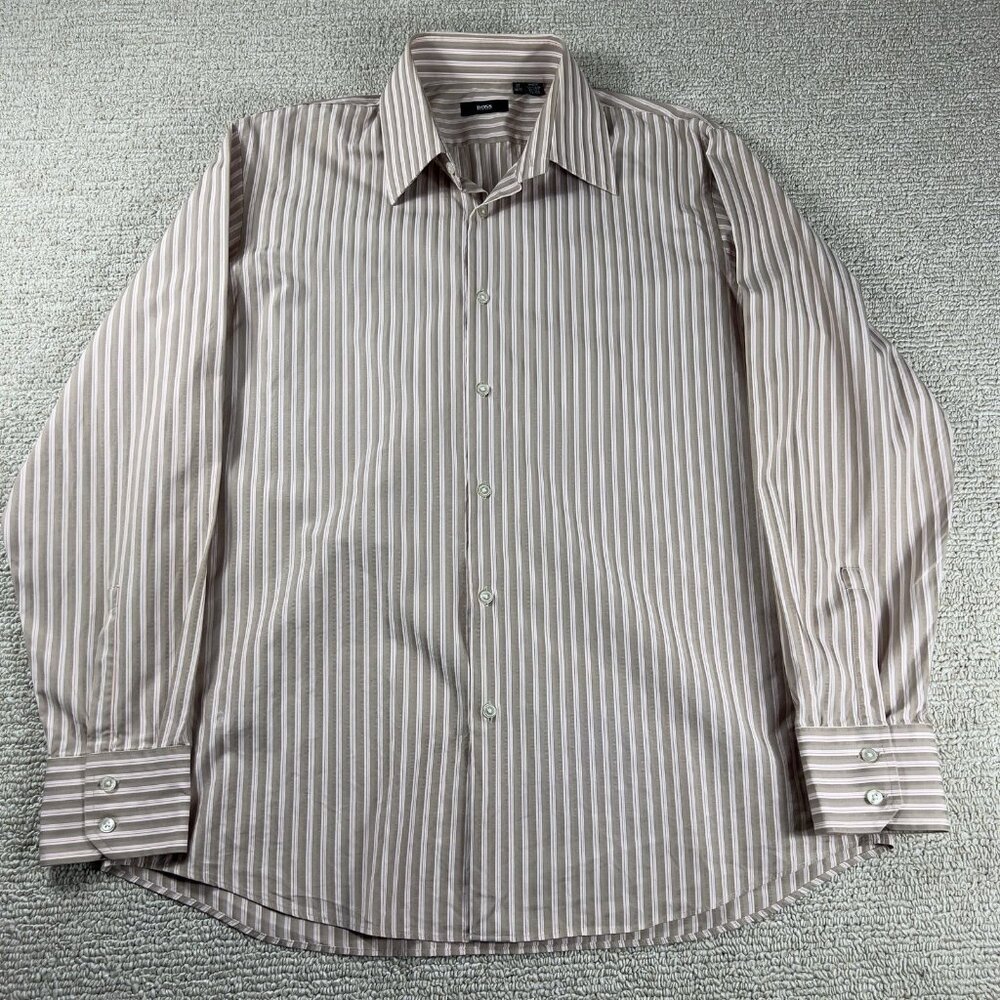 Hugo Boss Button Down Shirt Beige White Pink Men’s Size 17 / XL